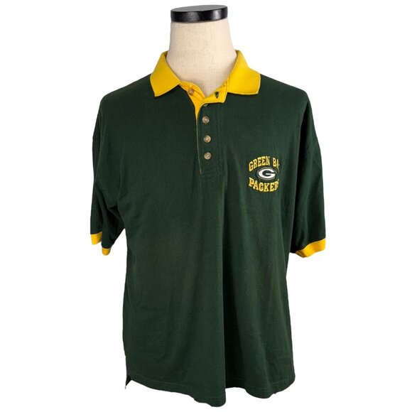 Green Bay Packers 90s Vintage Polo Shirt L The Edge 100% Cotton Green & Yellow - Picture 1 of 9
